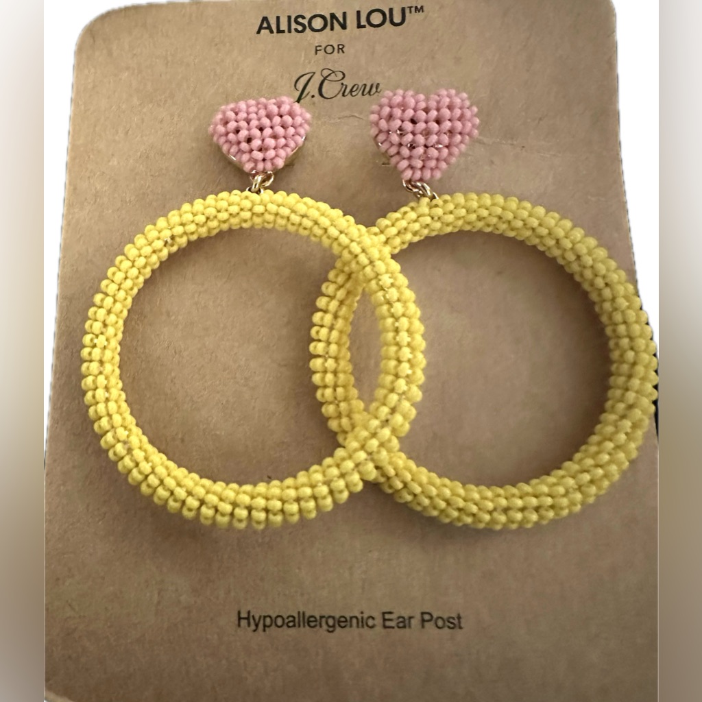 Nwt New Alison Lou For J.Crew Beaded Drop Hoop Pink Heart Yellow Earrings Collab